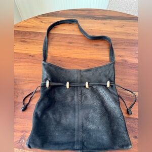 Vintage 1980s Shoulder Bag Purse Slouch Drawstring Hobo Gold Accent Soft Leather